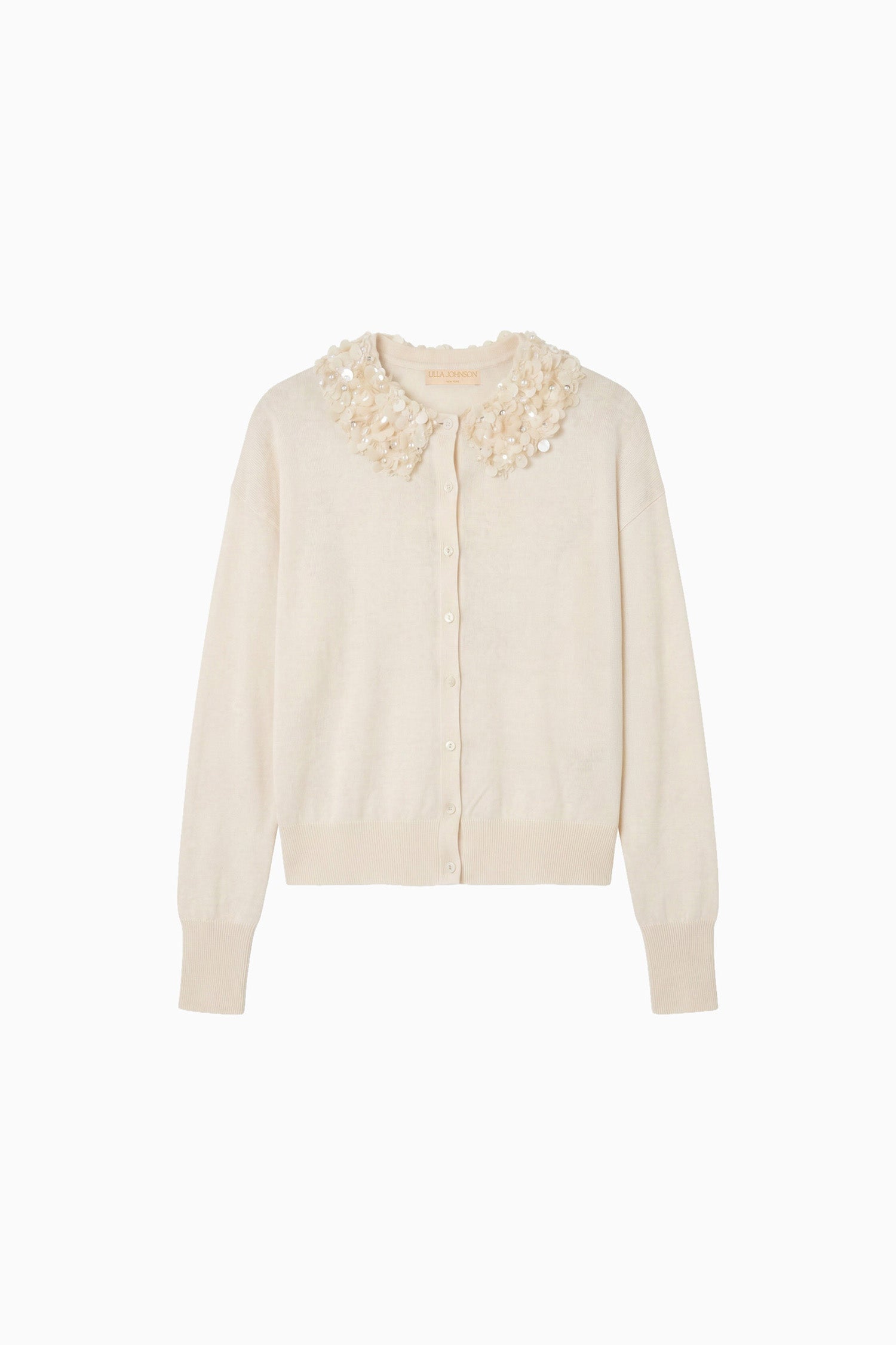 Ulla Johnson Pearled Ivory Merino Wool Embellished Cardigan - Flat Lay, Pearl Sequin Collar Detail | Ulla Johnson