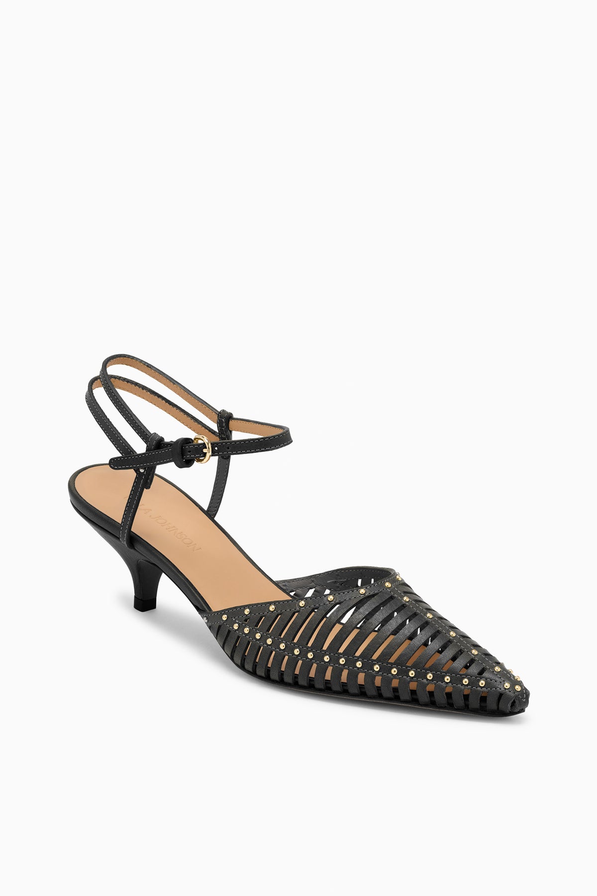 Petit Talon Cage Cuir Noir, Clous Dorés - Vue Trois-Quarts | Ulla Johnson