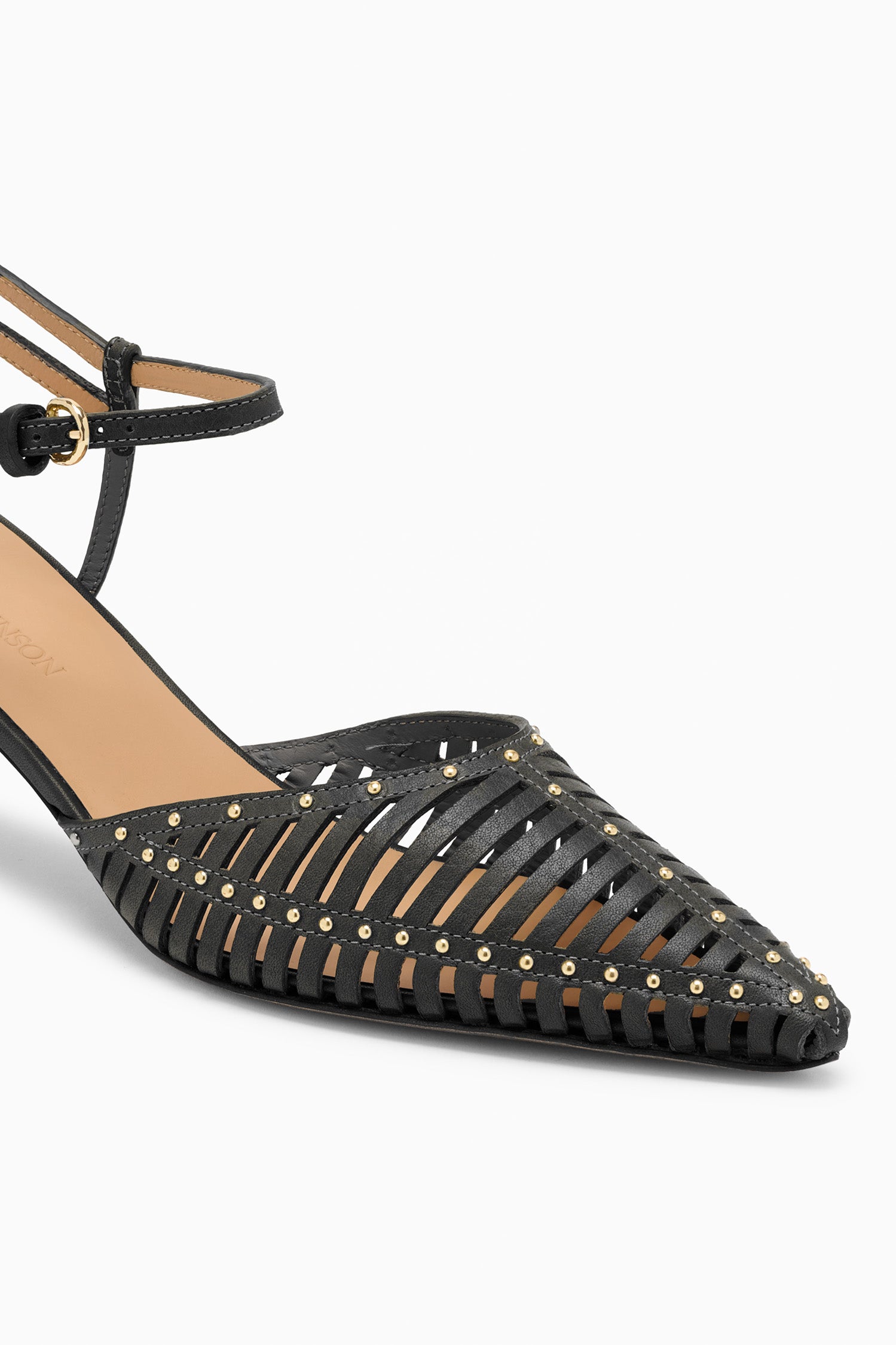 Ulla Johnson Petit Talon Cagé Cuir Noir, Détail Clou Doré - Gros Plan Avant | Ulla Johnson