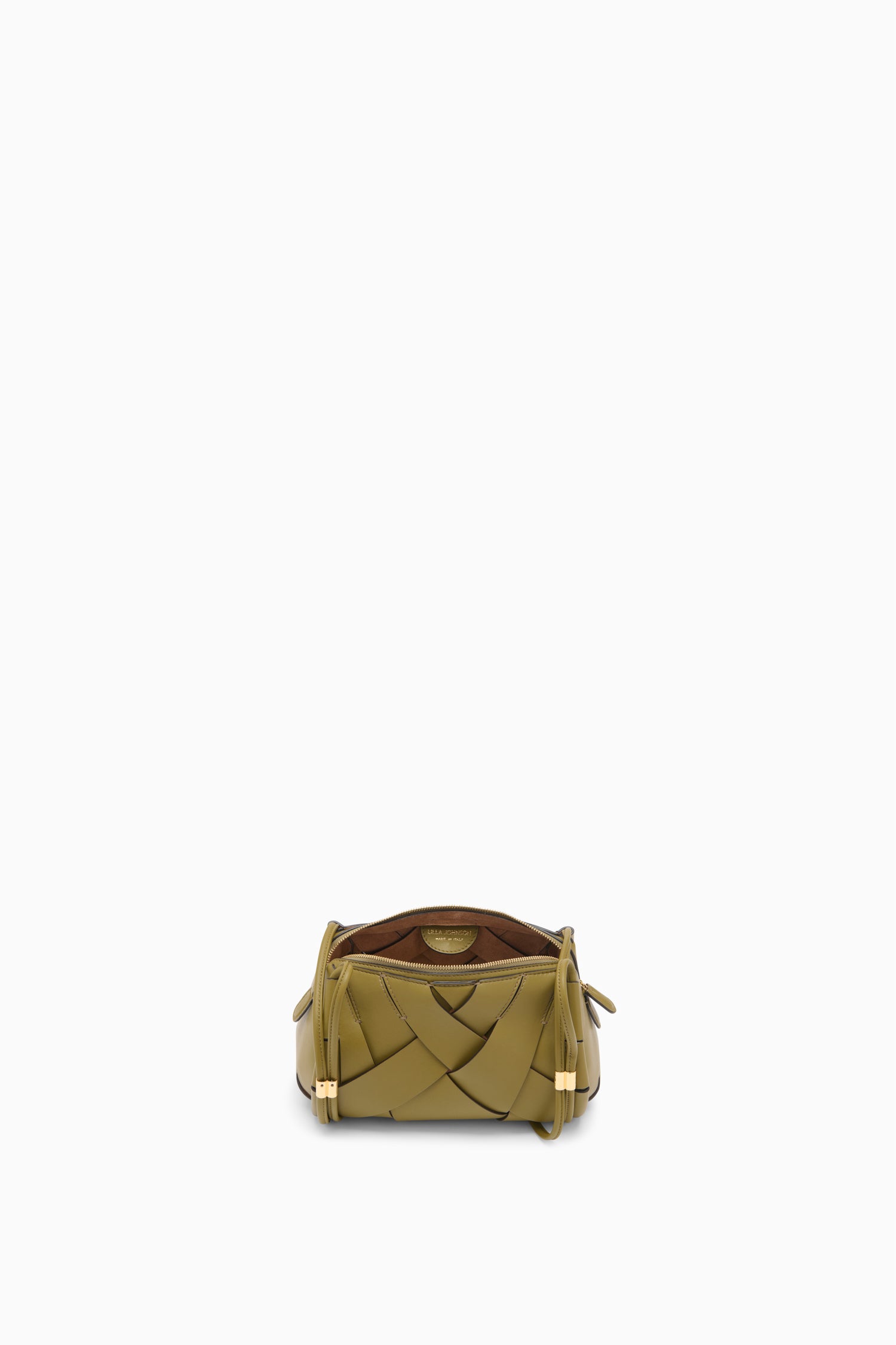 Ulla Johnson Sac caméra Charlotte en cuir olive, intérieur ouvert doublé de daim - Vue de dessus | Ulla Johnson