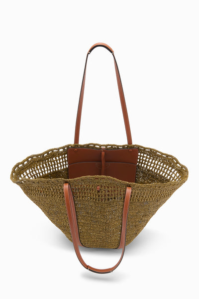 Panier Tote de Luxe en Raffia Olive - Vue Intérieure avec Poche en Cuir - Détail d'Ouverture Supérieure | Ulla Johnson