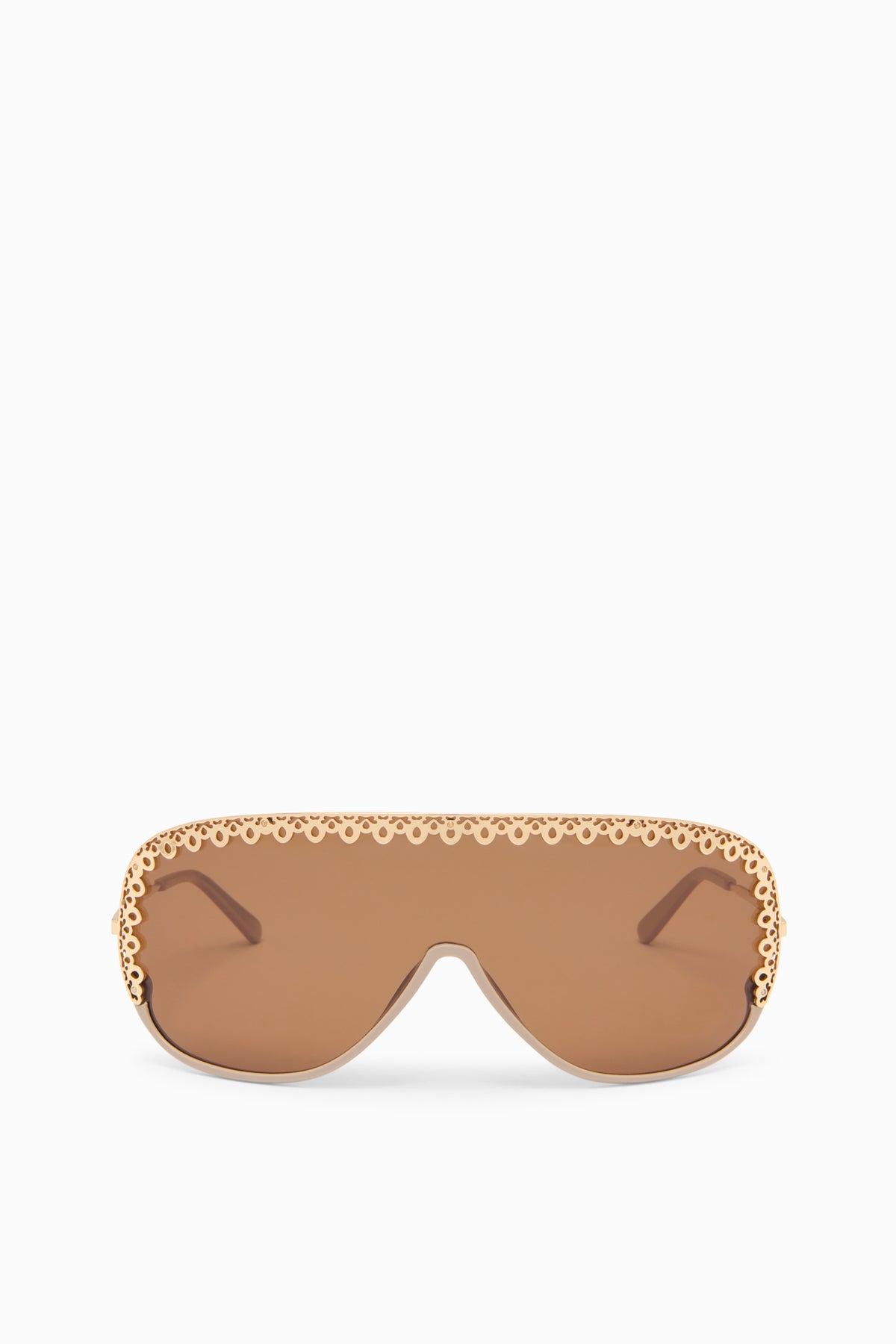 Lunettes de soleil Fawn en acétate forme bouclier avec garniture ornée dorée - Vue de face | Ulla Johnson