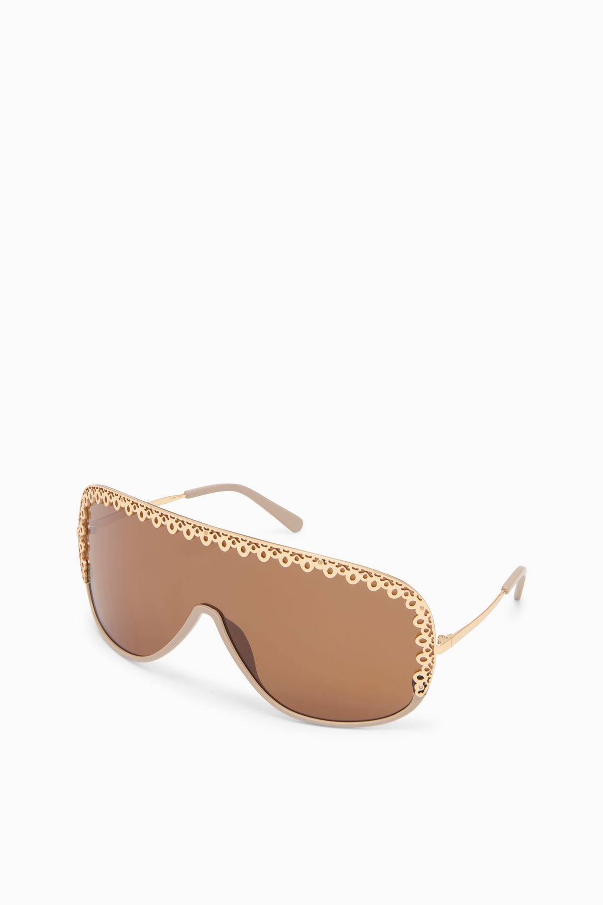 Fawn Acétate Lunettes de soleil bouclier de designer avec finition en filigrane doré - Vue trois-quarts | Ulla Johnson