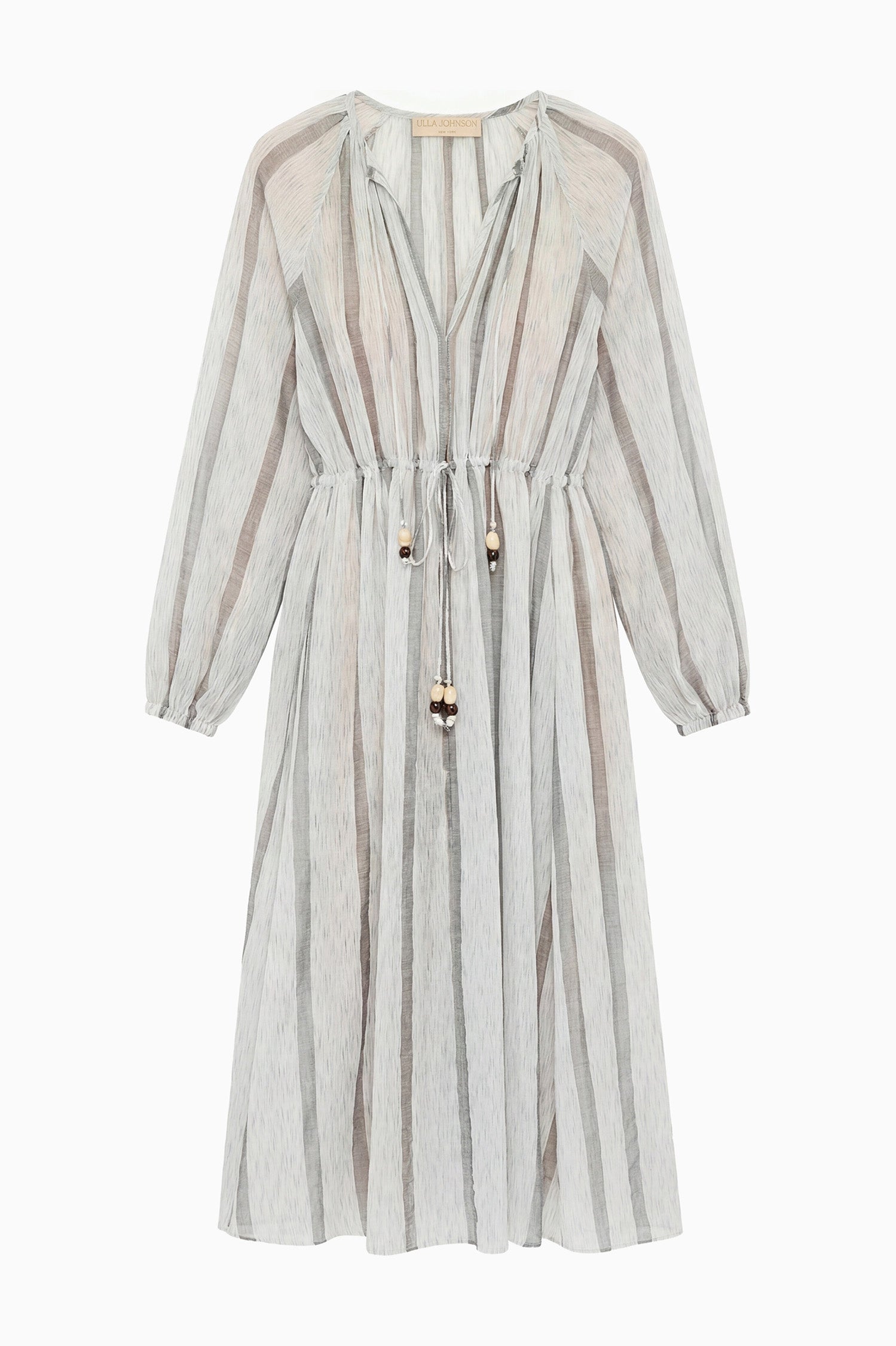 Ulla Johnson Robe longue à manches longues de plage en coton rayé Salt Stone avec liens ornés de perles - Vue à plat | Ulla Johnson