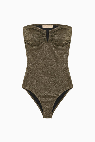 Maillot de bain bustier métallisé Noir - Vue à plat, maillot une pièce de luxe | Ulla Johnson