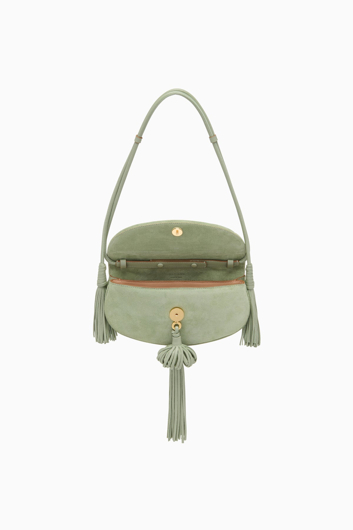 Sea Glass Suede Paloma Tassel Flap Bag - Open Interior View | Ulla Johnson
