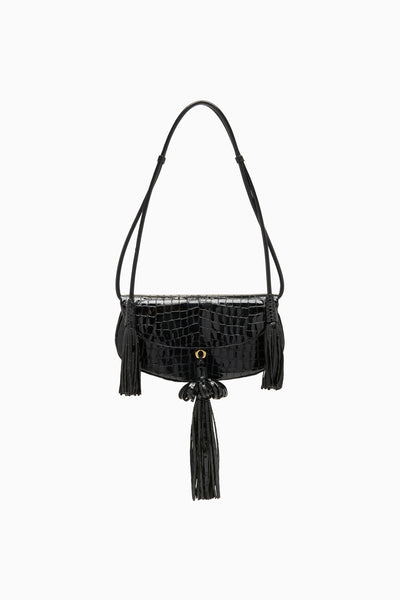 Black Embossed Leather Paloma Tassel Flap Bag - Front View | Ulla Johnson