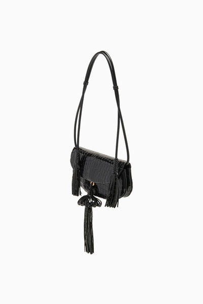 Black Croc-Embossed Leather Paloma Tassel Flap Bag - Side Angle | Ulla Johnson