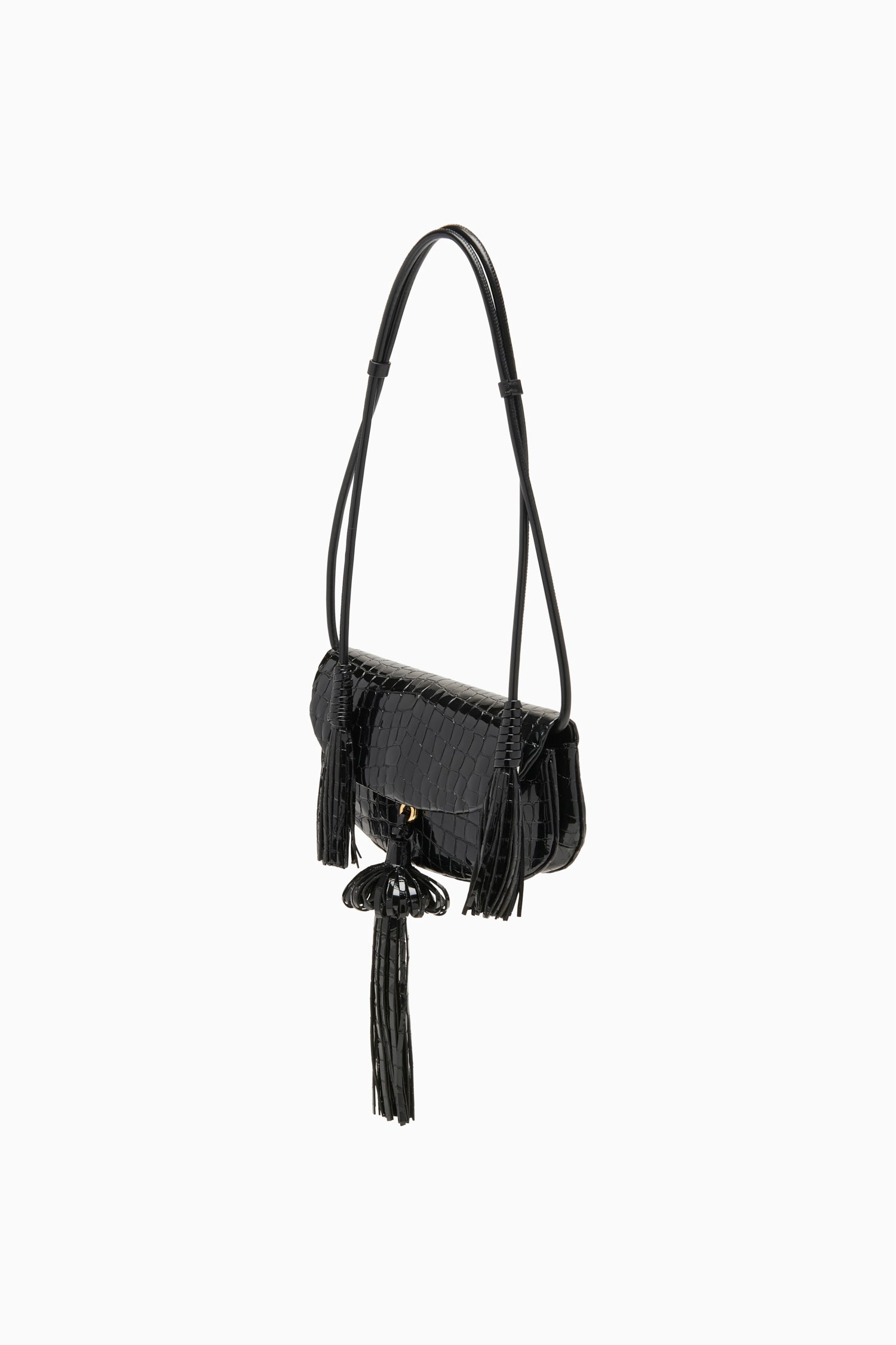 Ulla Johnson Black Croc-Embossed Leather Paloma Tassel Flap Bag - Side Angle | Ulla Johnson