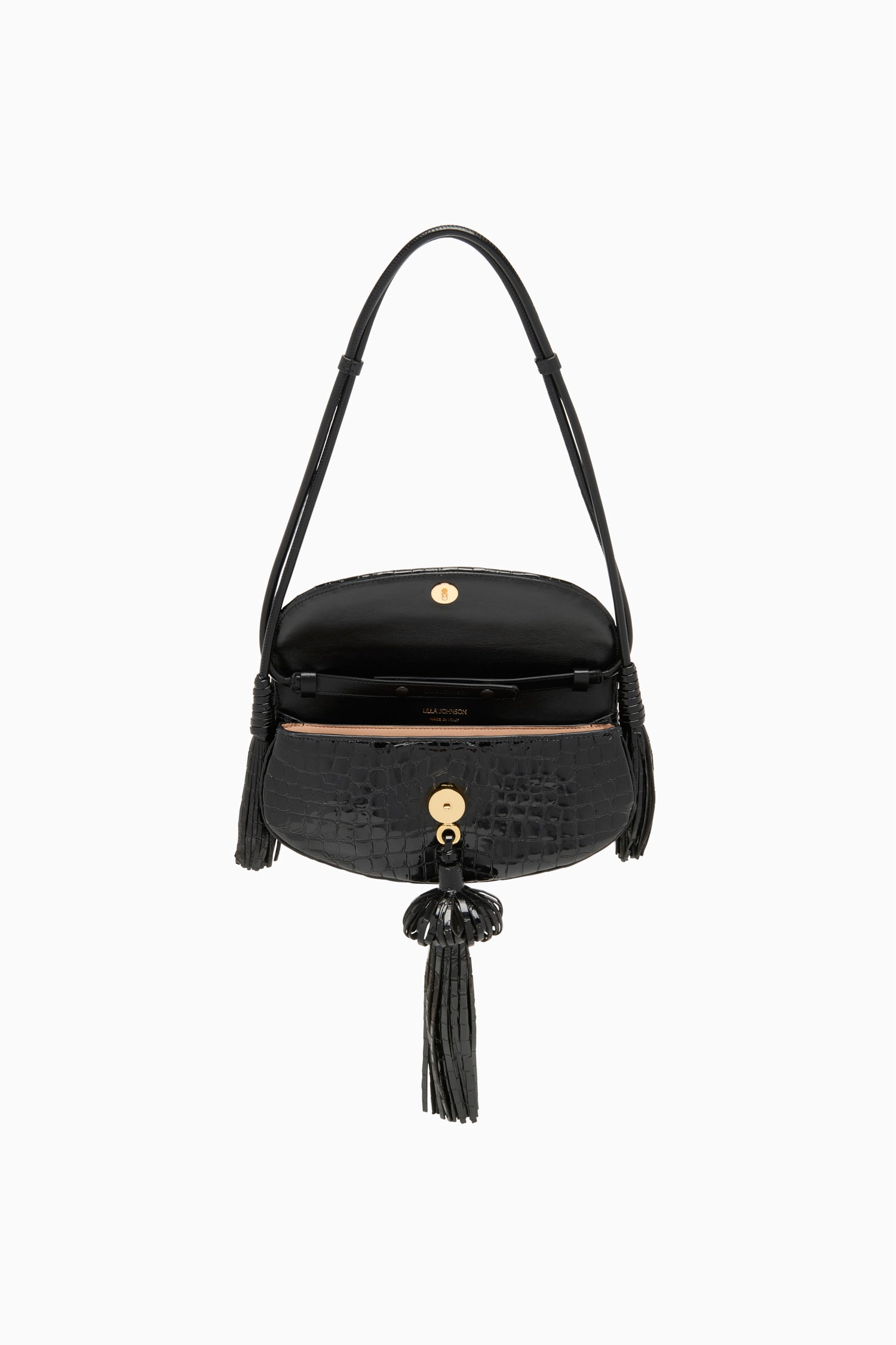 Ulla Johnson Black Embossed Leather Paloma Tassel Flap Bag - Interior Open View with Gold Hardware | Ulla Johnson