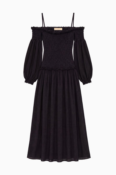 Black Cotton Wool Off-Shoulder Smocked Midi Dress - Flat Lay, Designer | Ulla Johnson