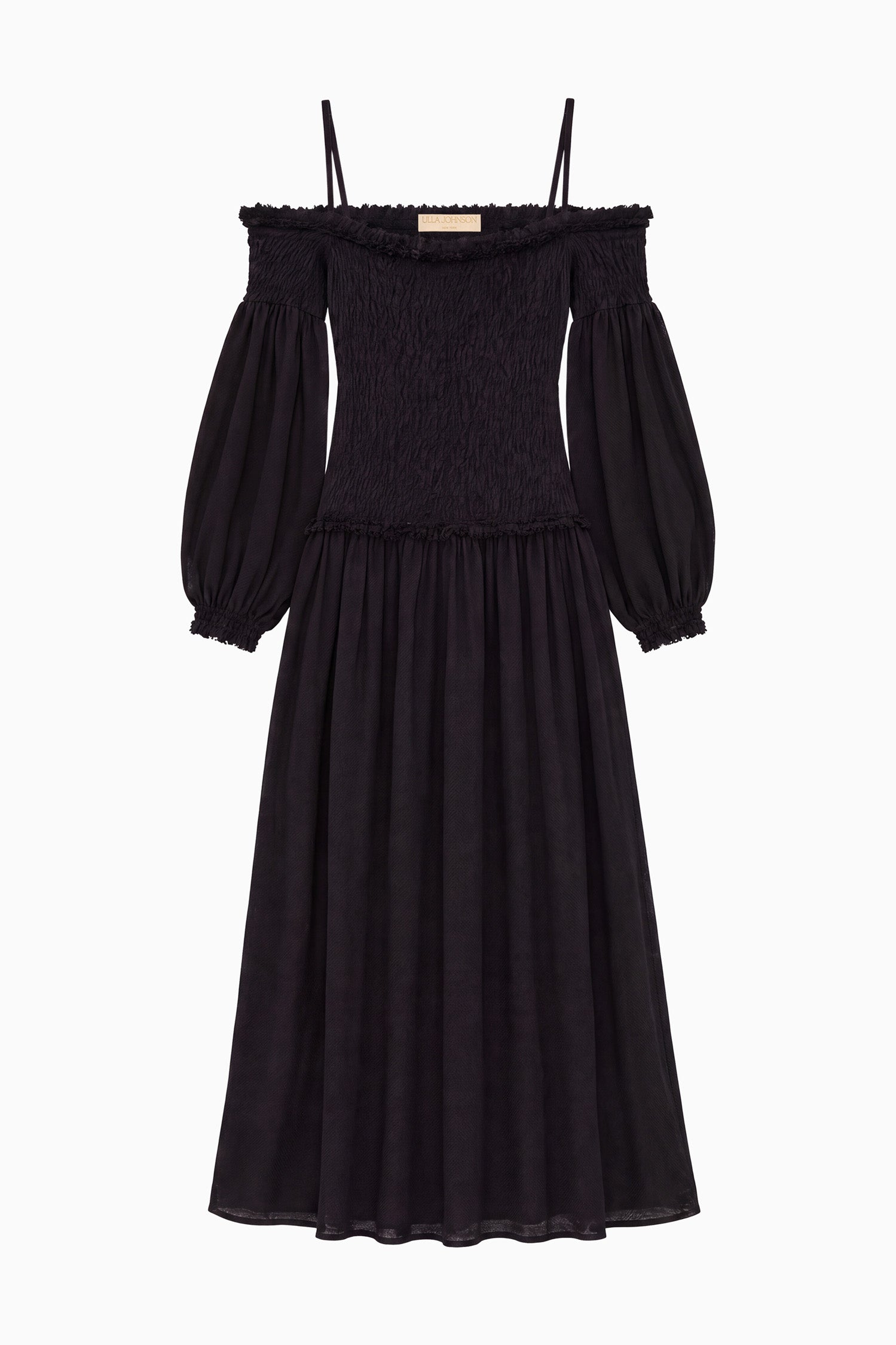 Ulla Johnson Black Cotton Wool Off-Shoulder Smocked Midi Dress - Flat Lay, Designer | Ulla Johnson