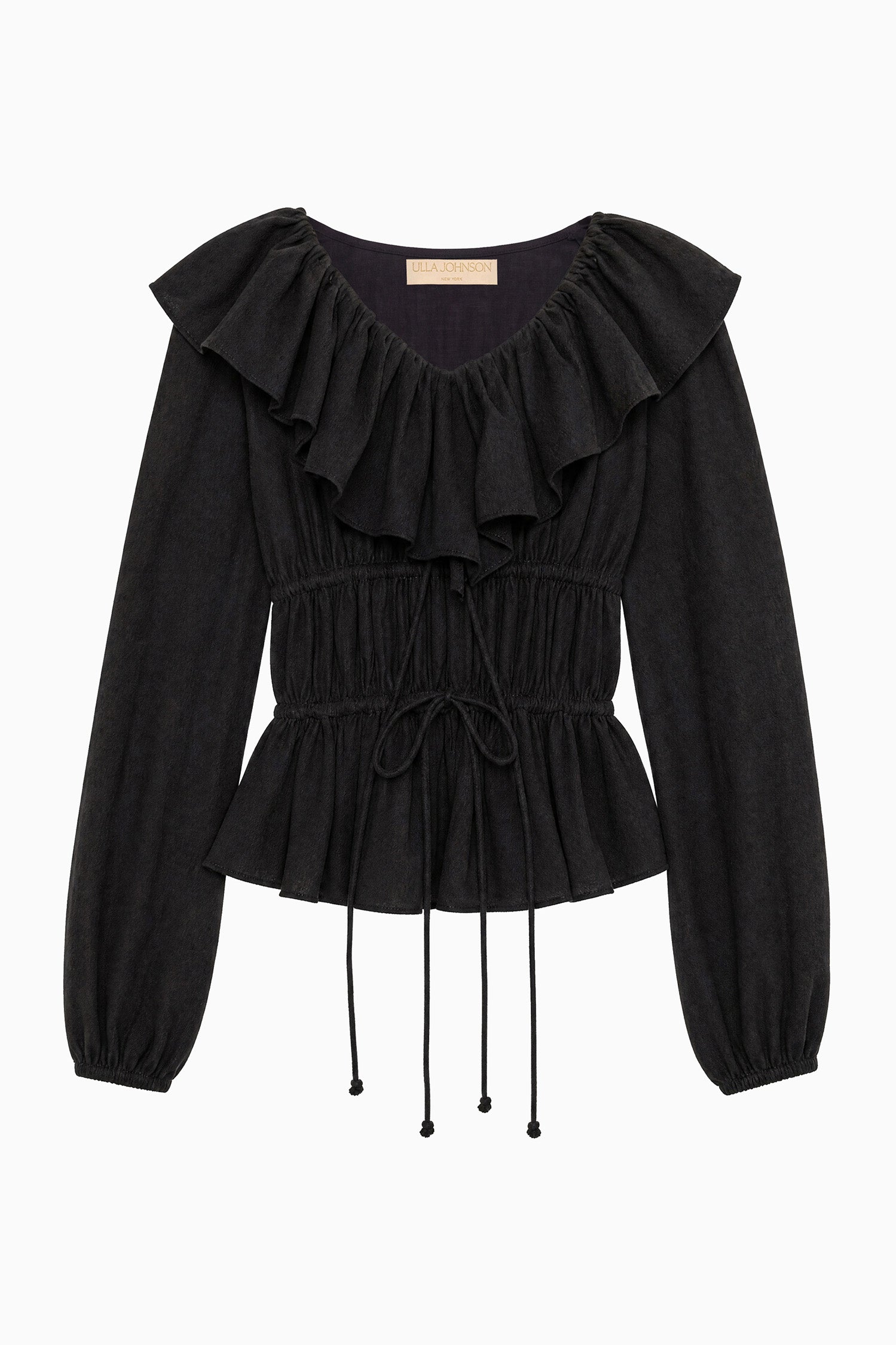 Ulla Johnson Noir Luxury Cotton Gauze Ruffle Top - Flat Lay, Drawstring Waist Detail | Ulla Johnson