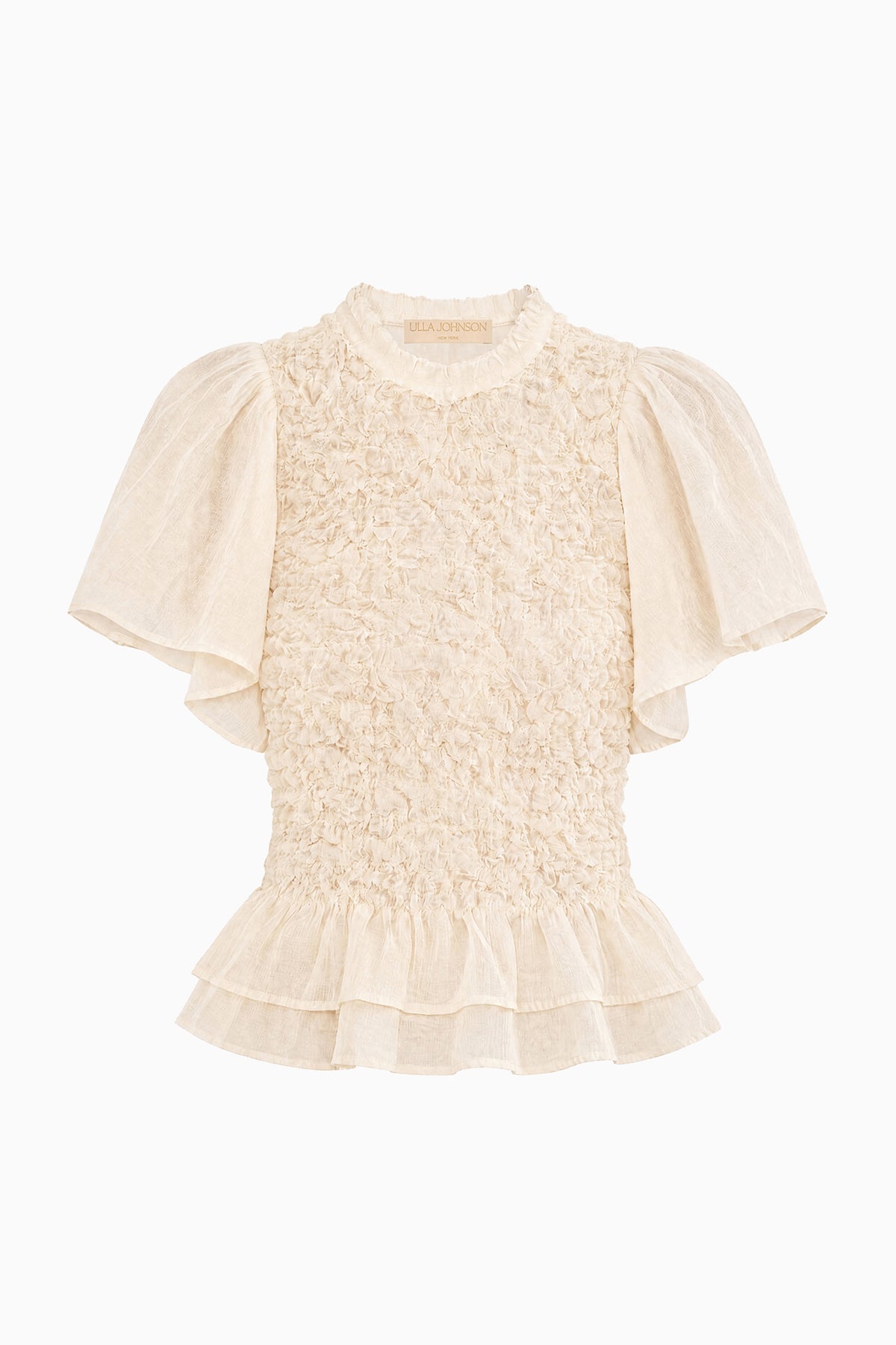 Cowrie Cotton Wool Luxury Smocked Peplum Top - Flat Lay Product View | Ulla Johnson