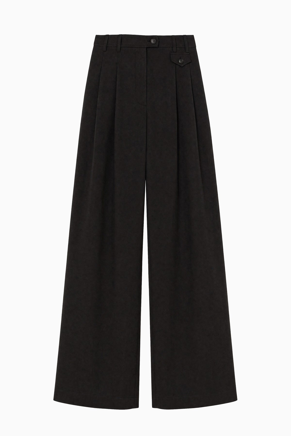 Noir Cotton Twill Wide Leg Trouser - Flat Lay, Premium Double-Pleat Trousers | Ulla Johnson