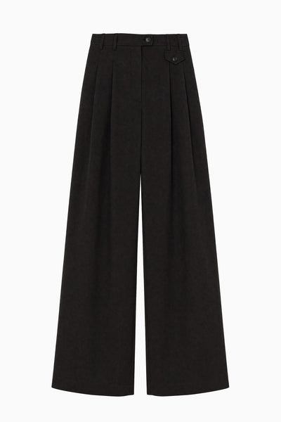 Noir Cotton Twill Wide Leg Trouser - Flat Lay, Premium Double-Pleat Trousers | Ulla Johnson