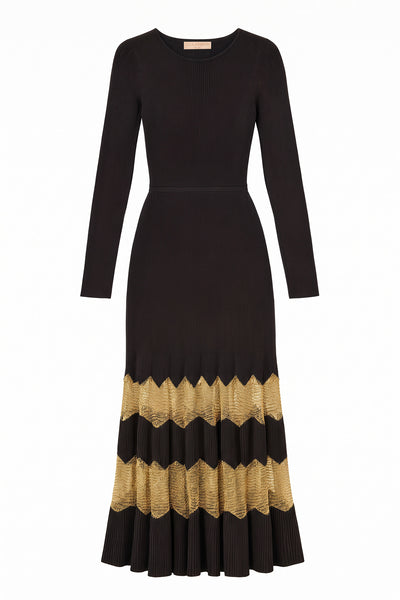 Black and Gold Lurex Knit Midi Dress - Flat Lay, Premium Long Sleeve | Ulla Johnson