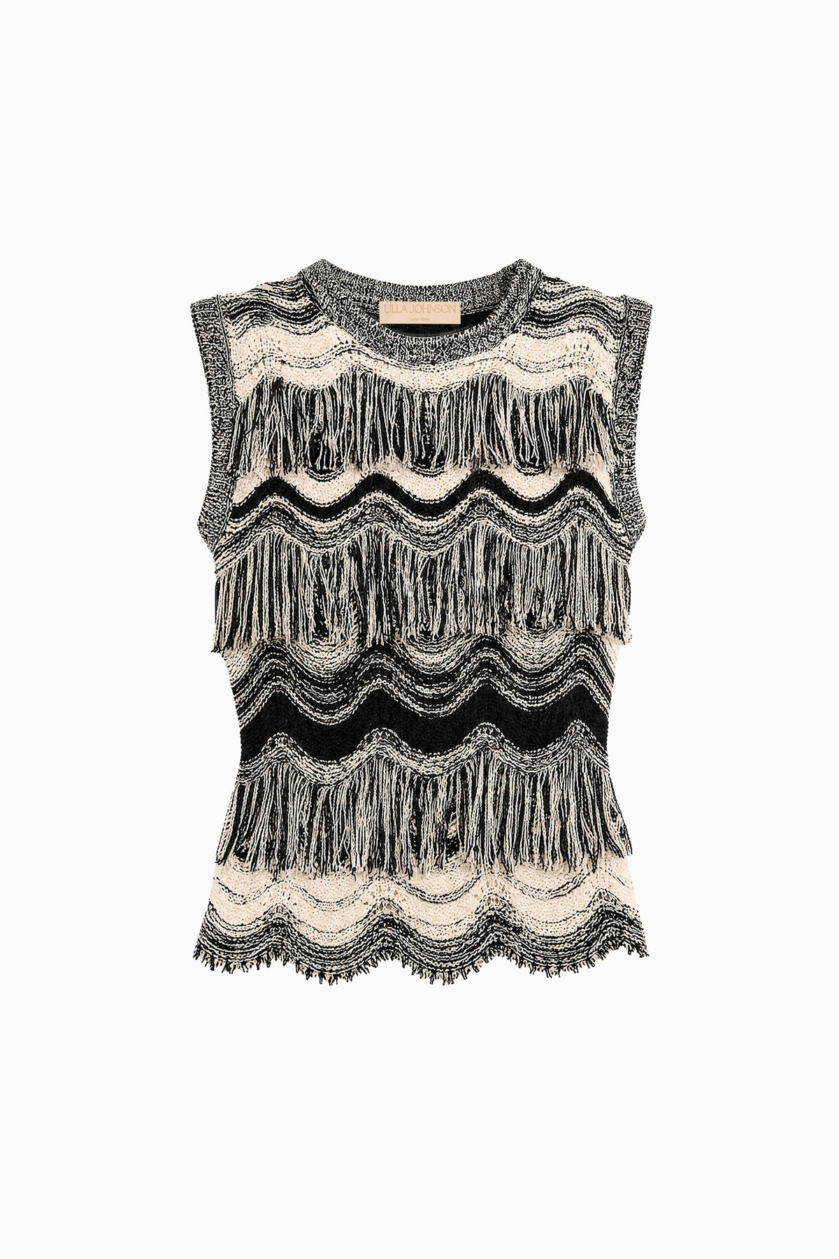 Noir Gardenia Premium Jacquard Fringe Knit Top - Flat Lay Product Shot | Ulla Johnson