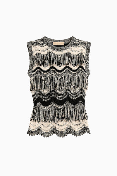 Noir Gardenia Premium Jacquard Fringe Knit Top - Flat Lay Product Shot | Ulla Johnson
