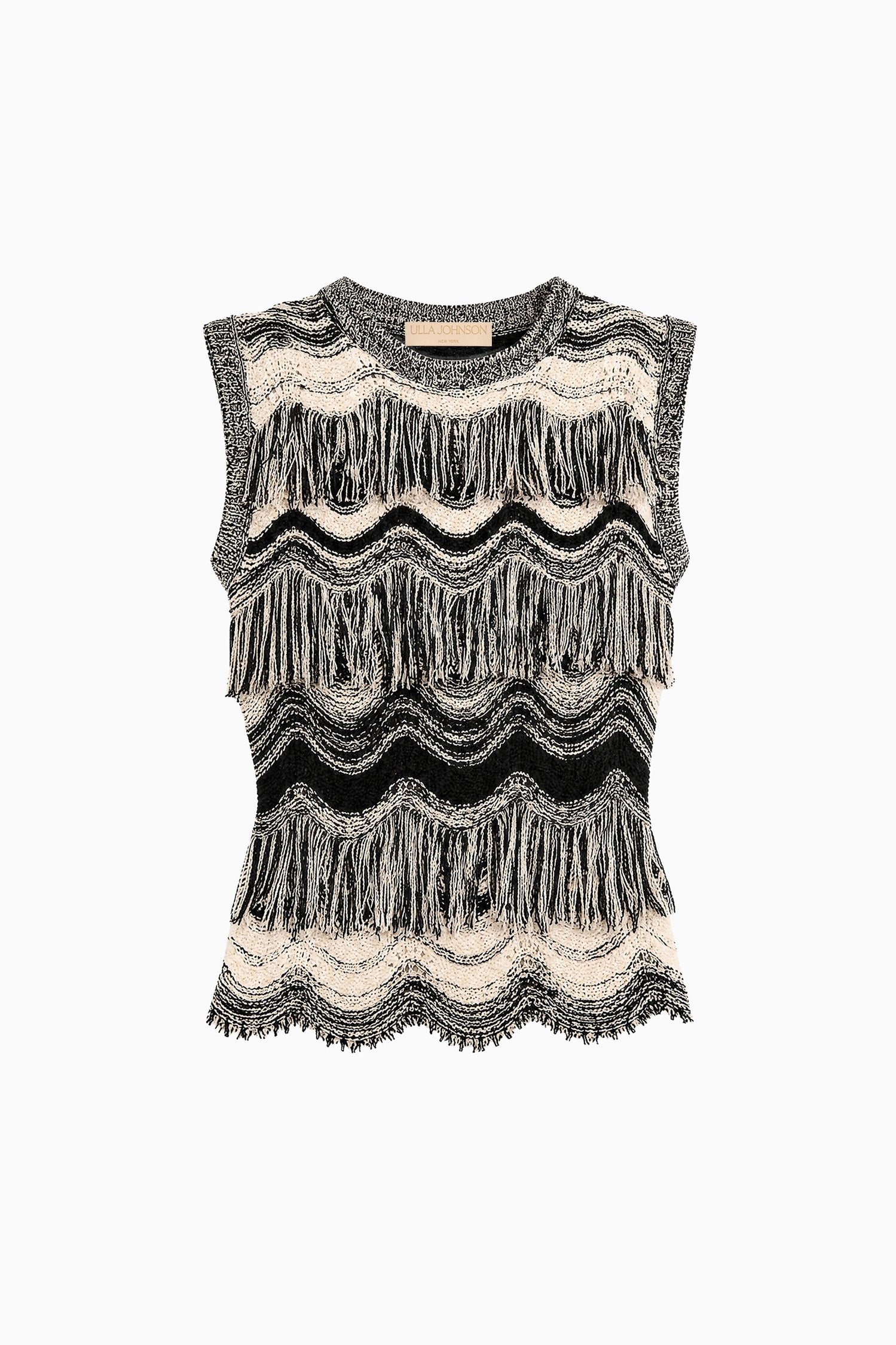 Ulla Johnson Noir Gardenia Premium Jacquard Fringe Knit Top - Flat Lay Product Shot | Ulla Johnson