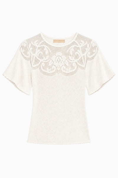 Cowrie White Premium Jacquard Knit Top - Flat Lay, Flutter Sleeves | Ulla Johnson