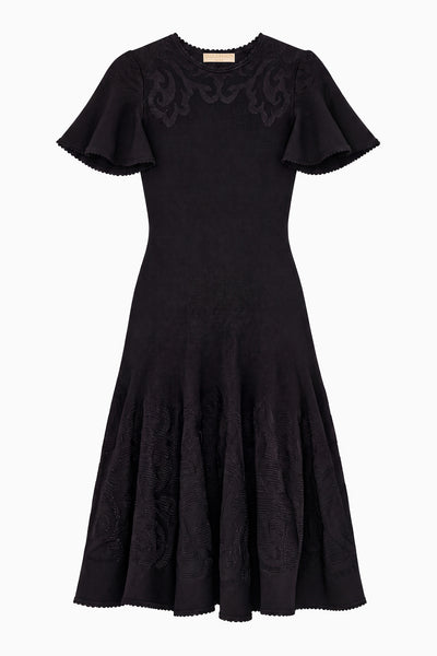 Noir Floral Jacquard Knit Mini Dress - Flat Lay, Flutter Sleeves and Pleated Skirt | Ulla Johnson