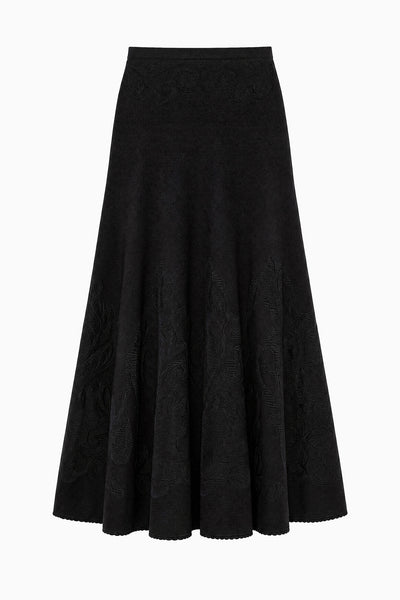 Noir Luxury Designer Knit Midi Skirt with Lace Floral Motifs - Flat Lay | Ulla Johnson