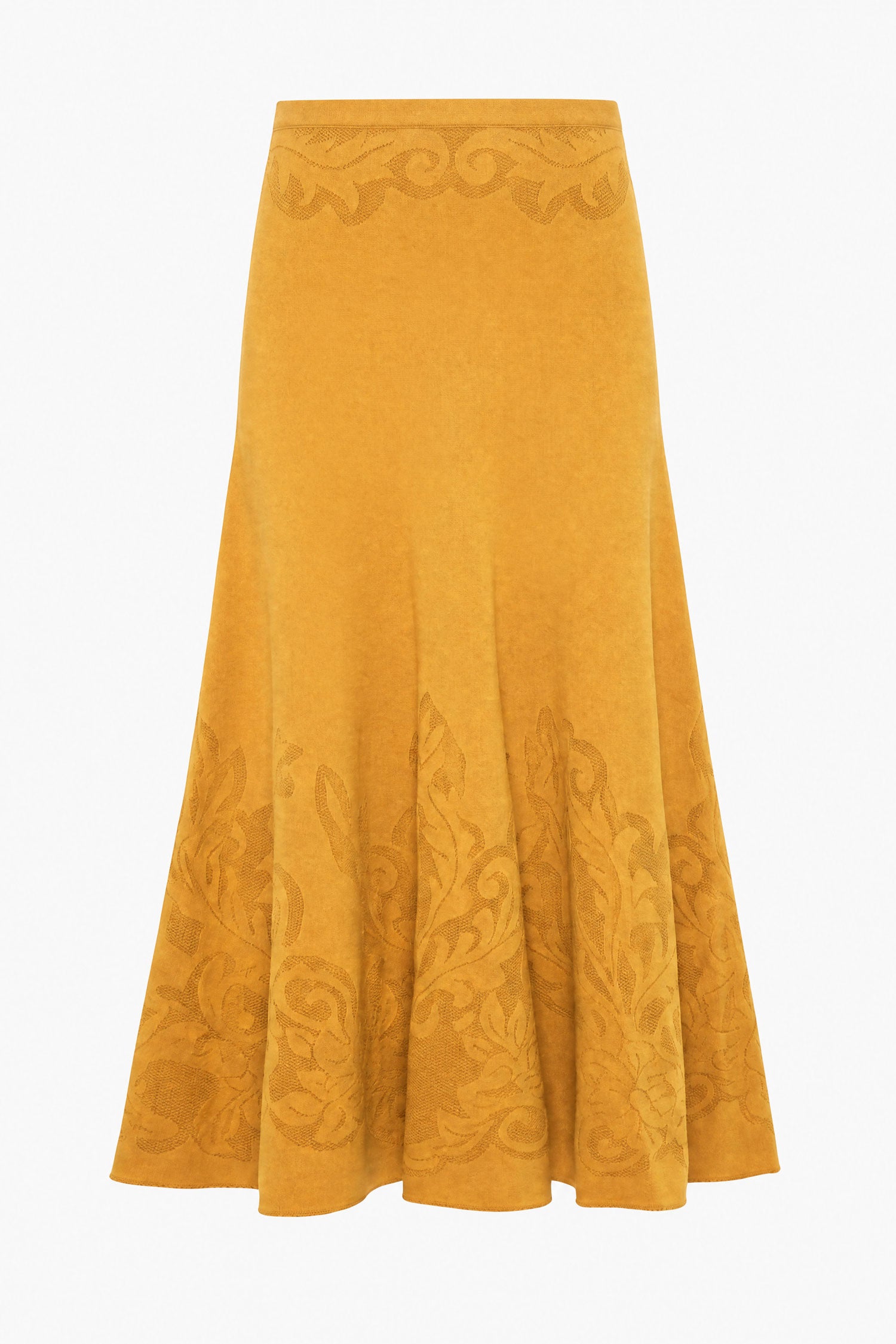 Ulla Johnson Topaz Designer Compact Knit Midi Skirt - Flat Lay, High Waist Floral Motif | Ulla Johnson