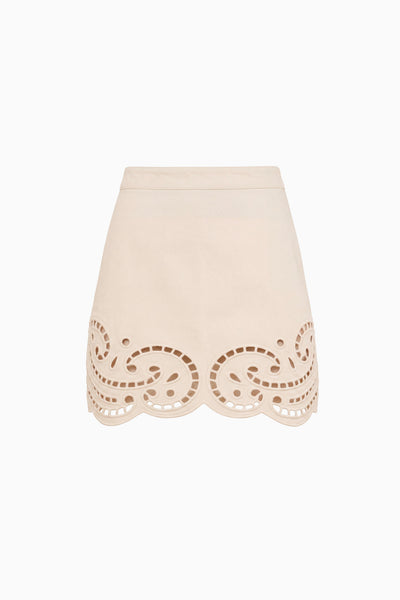 Cowrie White Eyelet Denim Mini Skirt - Flat Lay, Scalloped Hem Detail | Ulla Johnson