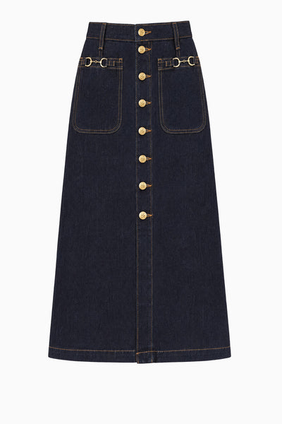 Tigris Dark Indigo Cotton Denim Midi Skirt - Flat Lay, Gold Button Front | Ulla Johnson