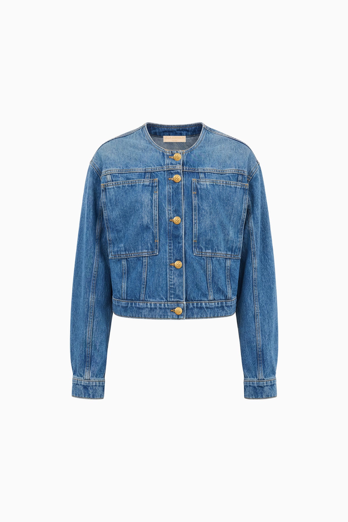 Danube Blue Collarless Denim Jacket, Flat Lay - Briar Designer Jean Jacket | Ulla Johnson