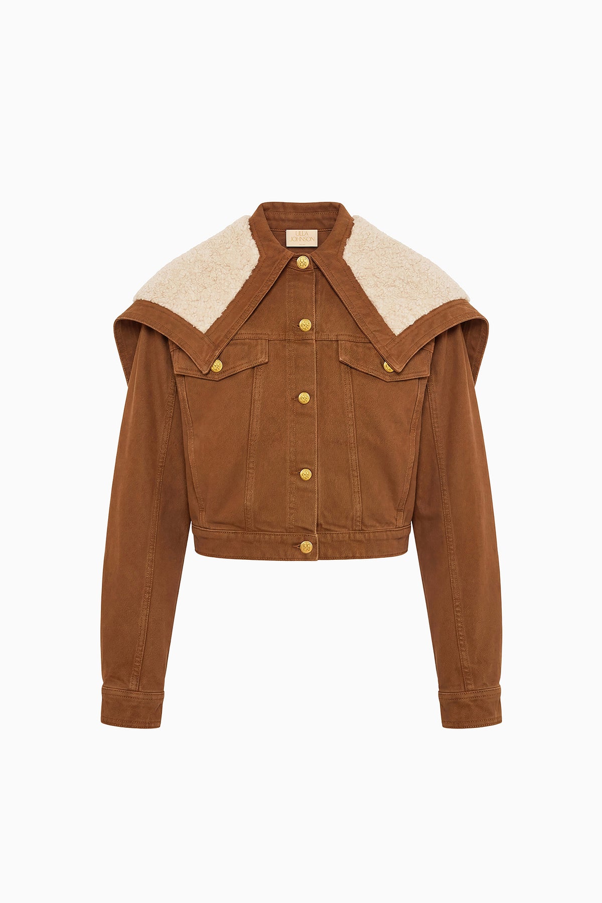 Umber Cotton Denim Jacket with Fleece Hood Collar - Flat Lay | Ulla Johnson