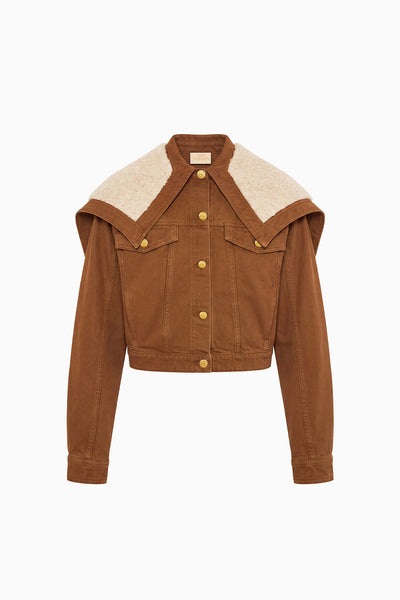 Umber Cotton Denim Jacket with Fleece Hood Collar - Flat Lay | Ulla Johnson