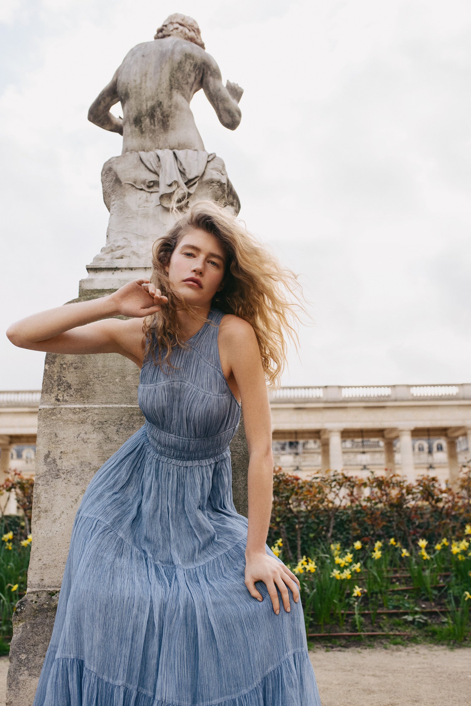 Ulla Johnson Slate Blue Freesia Gown - Lifestyle Outdoor Shot | Ulla Johnson