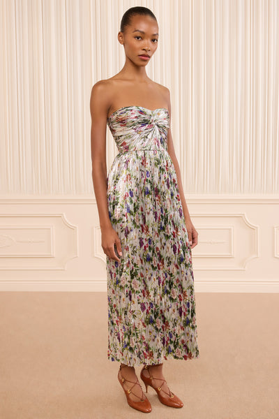 Sterling Floral Lamé Adelaide Strapless Pleated Dress - Back View Showing Ruched Bodice | Ulla Johnson