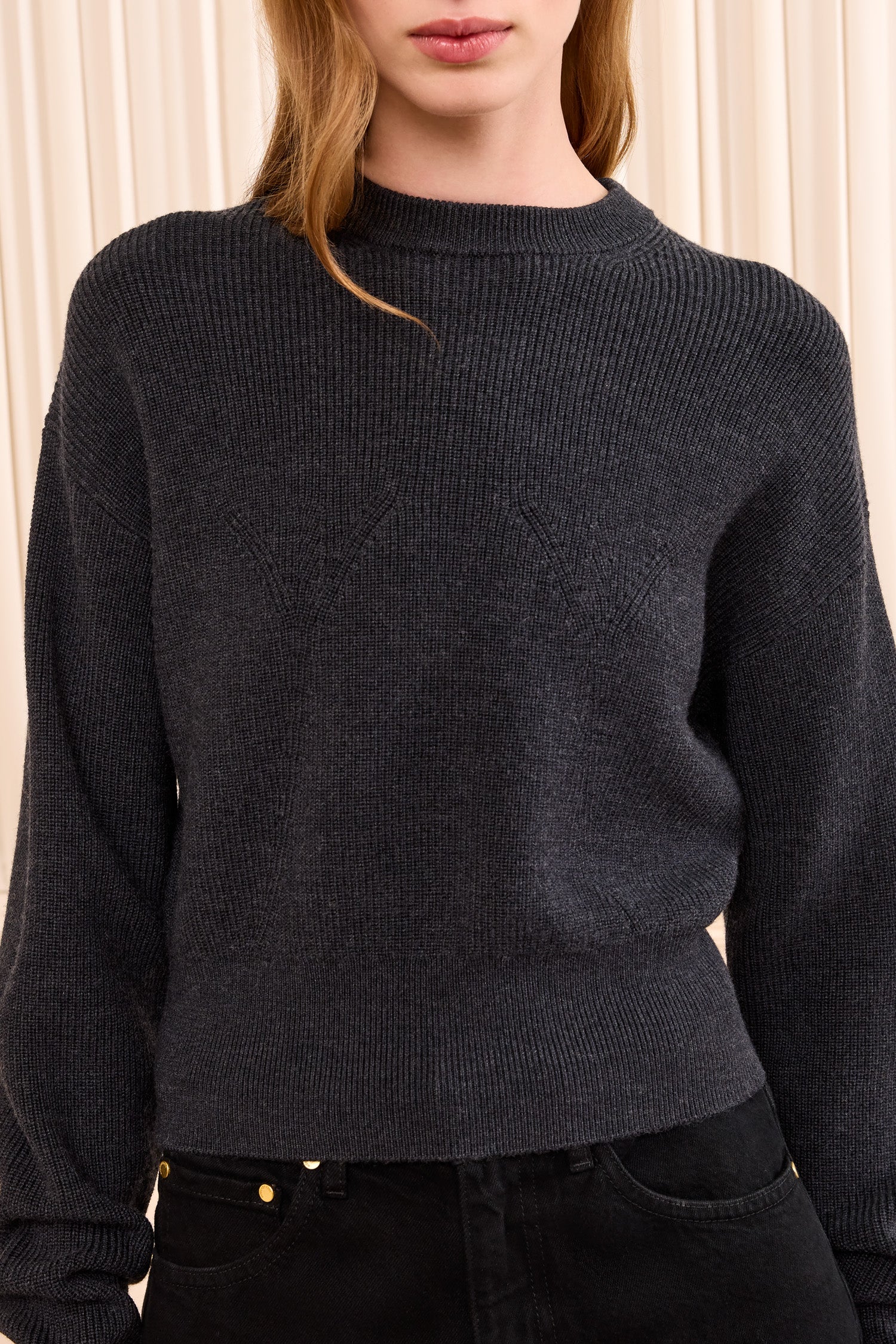 Ulla Johnson Charcoal Merino Wool Pullover - Traveling Rib Knit Detail Close-Up | Ulla Johnson