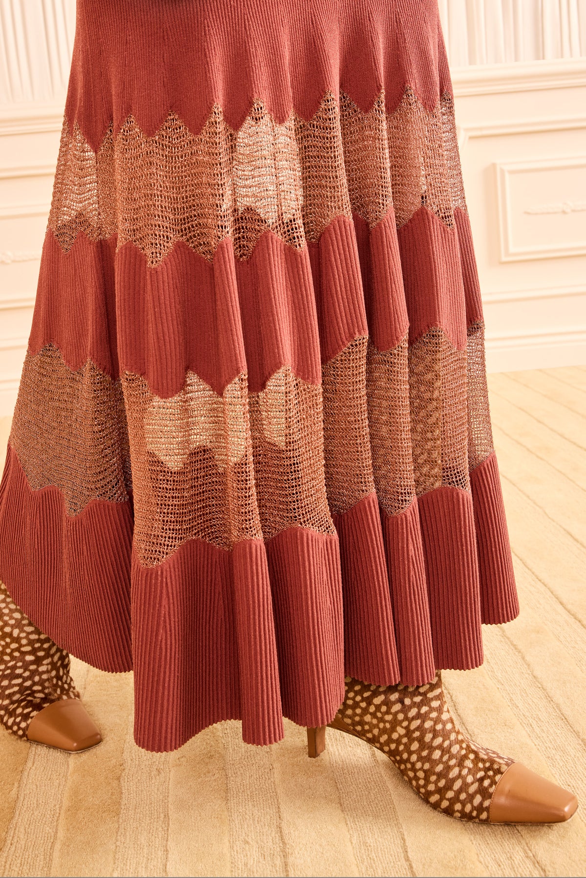 Sienna Knit Midi Dress - Wavy Rose Gold Lurex Mesh Hem Detail | Ulla Johnson