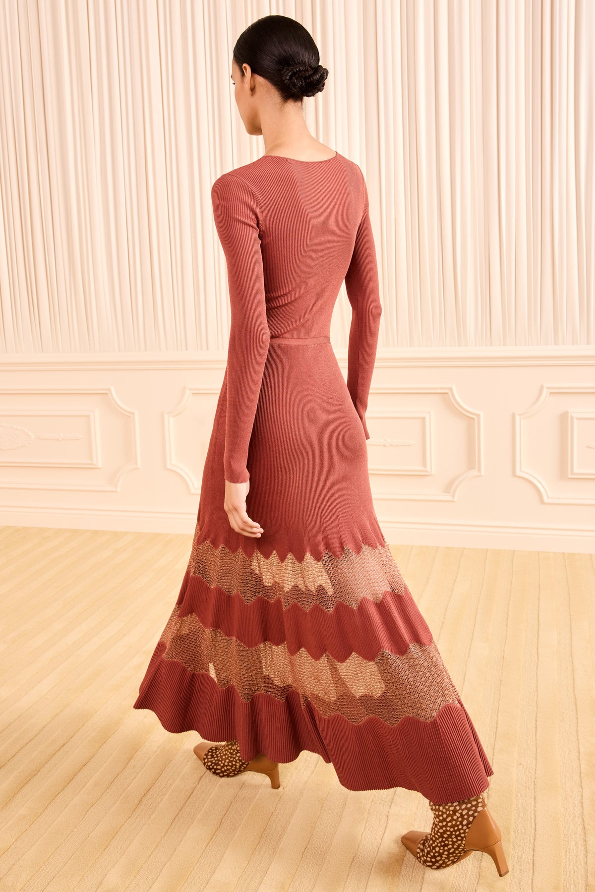 Sienna Ribbed Knit Dress with Rose Gold Mesh Insets - Back View | Ulla Johnson