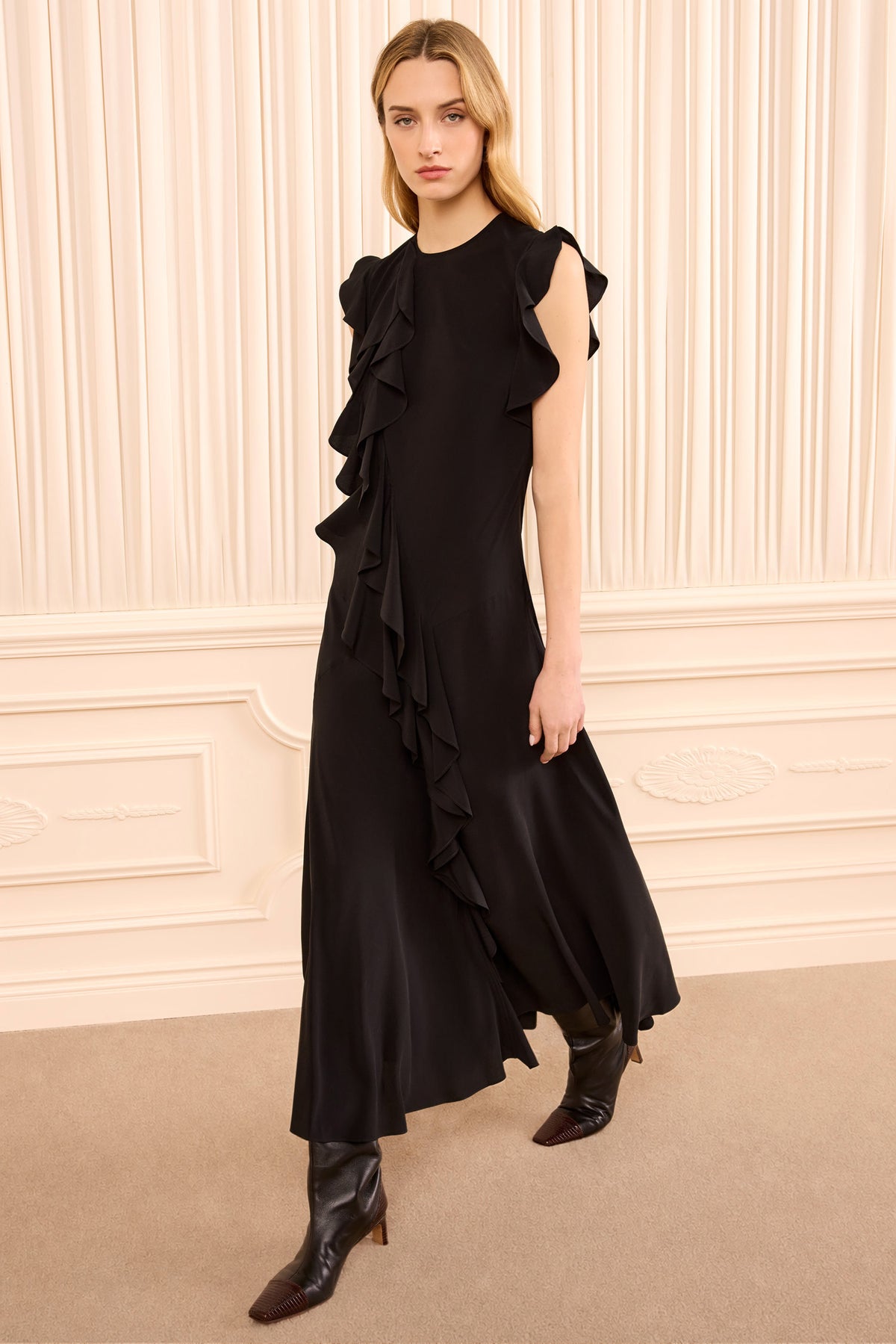 Black Bias-Cut Silk Crepe Midi Dress - Three-Quarter View On Model | Ulla Johnson