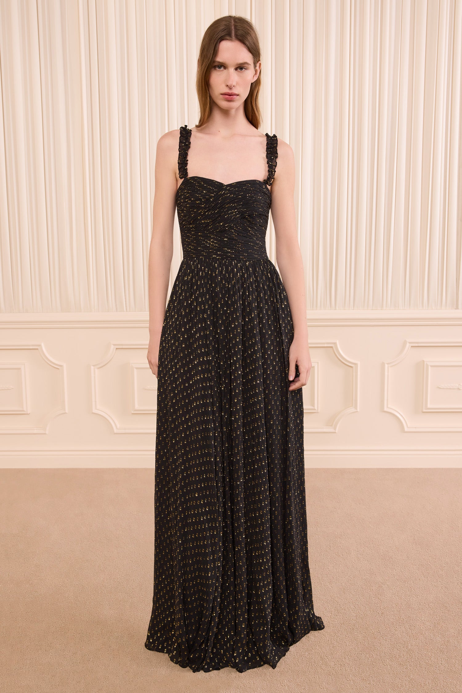 Ulla Johnson Anastasia Silk Gown Noir - Luxury Designer Silk Maxi Gown, Front On Model Full Length | Ulla Johnson