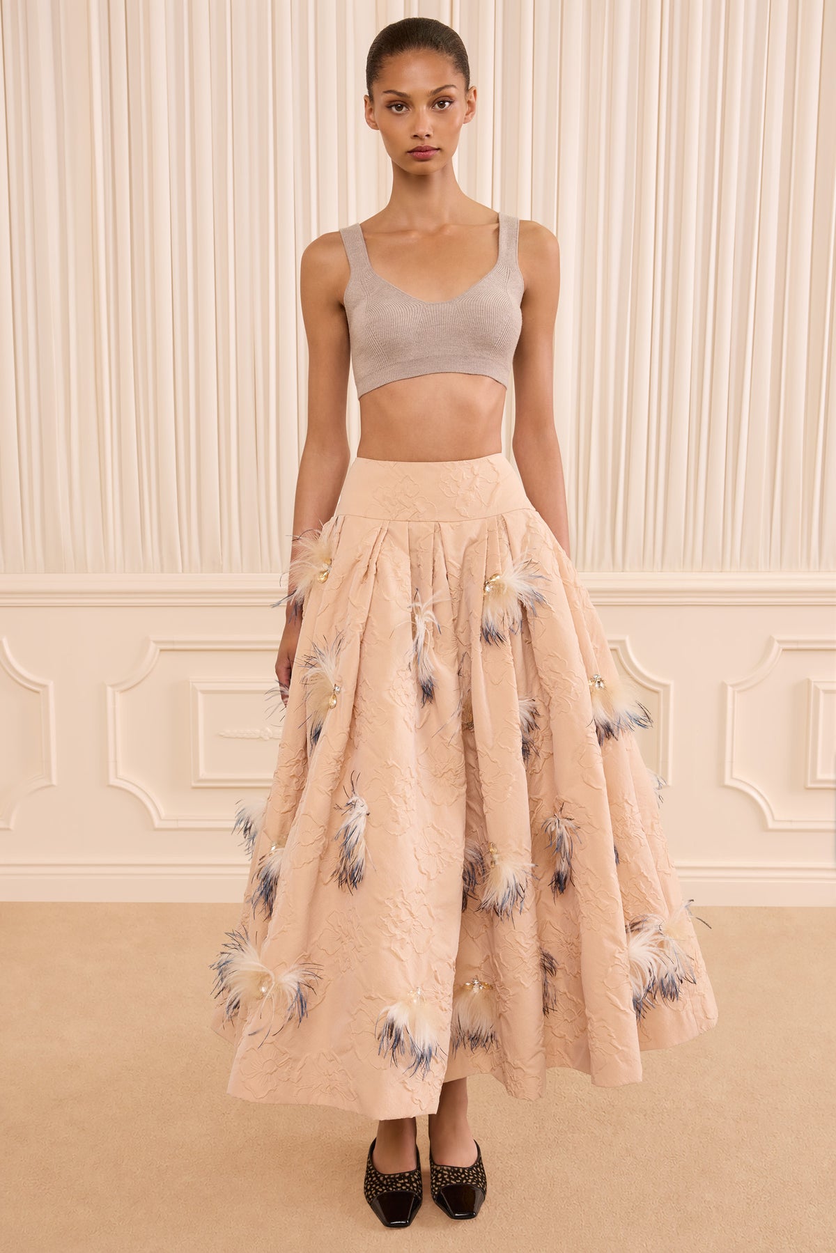 Almond Cloque Skirt with Feather Embellishment - Front Full-Length, On Model Standing | Ulla Johnson