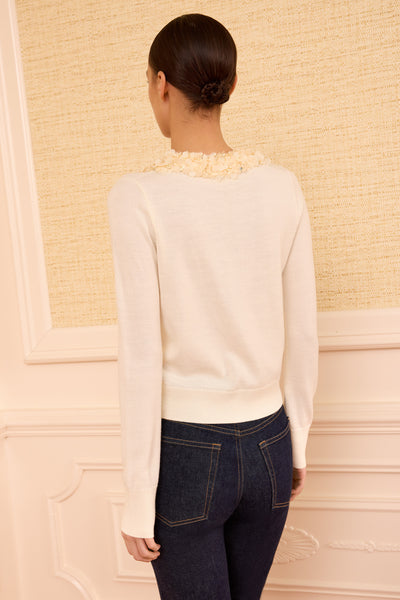Pearled Ivory Luxury Embellished Cardigan - Back View On Model | Ulla Johnson