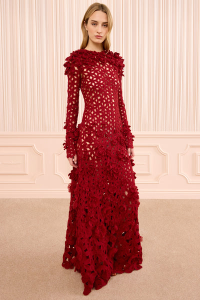 Cerise Wool Mohair Crochet Floral Gown - Front Full Length | Ulla Johnson