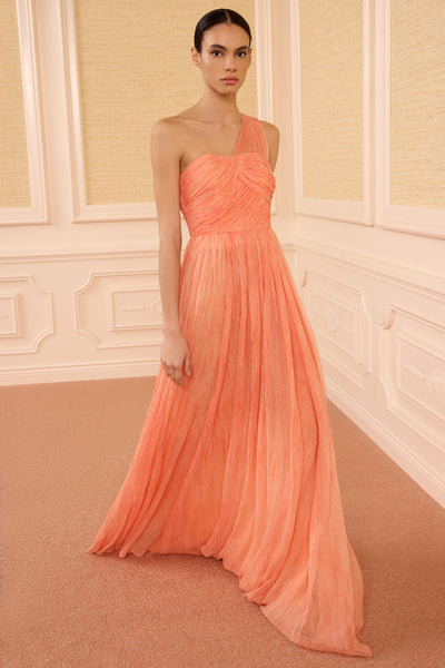 Azalea Crinkled Silk Chiffon One Shoulder Gown - Front View On Model | Ulla Johnson