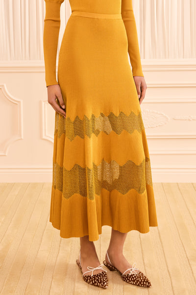 Topaz Gold Lurex Midi Knit Skirt - Wave Mesh Detail Close-Up On Model | Ulla Johnson