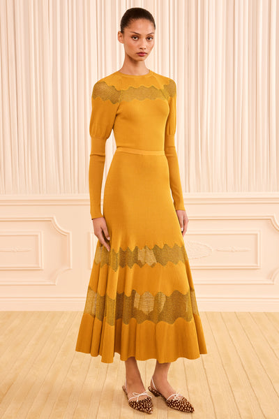 Topaz Gold Designer Lurex Midi Knit Skirt - Alternate Front View On Model | Ulla Johnson