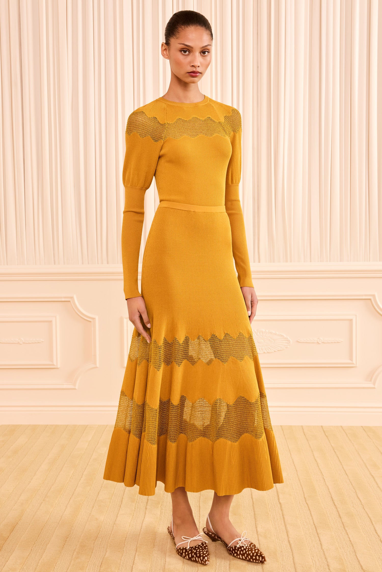 Ulla Johnson Topaz Gold Designer Lurex Midi Knit Skirt - Alternate Front View On Model | Ulla Johnson