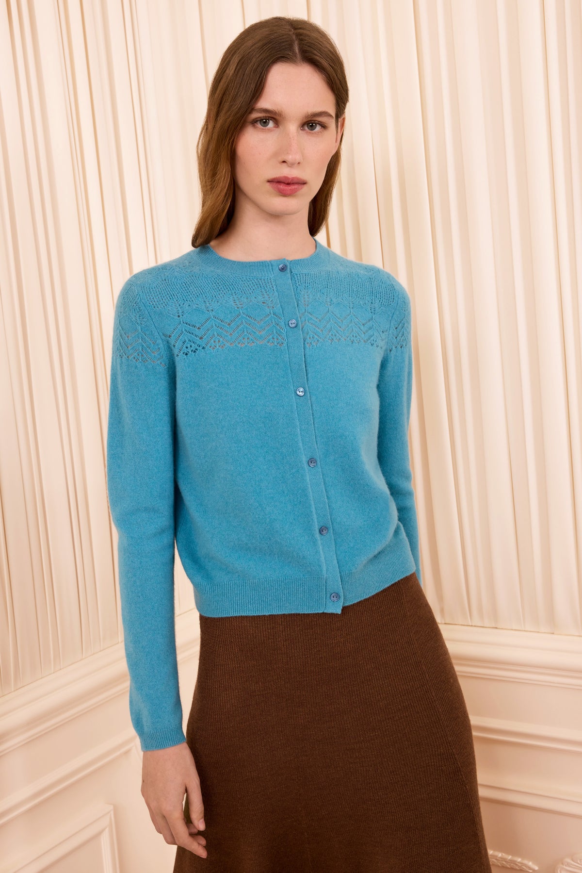 Cerulean Cashmere Cardigan with Pointelle Yoke - Front View On Model | Ulla Johnson