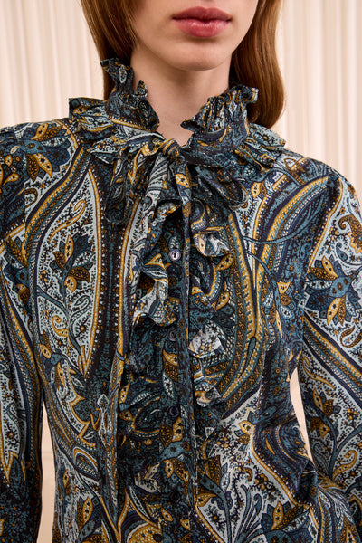 Prussian Silk Blouse - Ruffled Collar and Bow Tie Detail Close-Up | Ulla Johnson