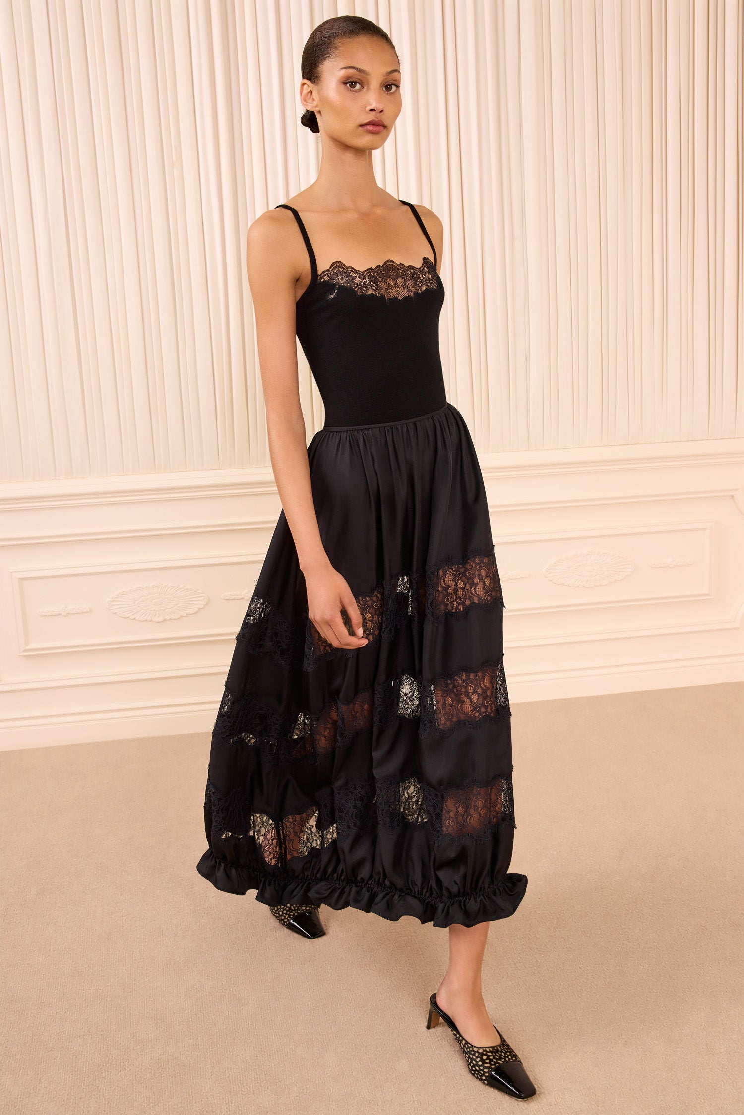 Ulla Johnson Black Silk Lace-Insert Midi Skirt - Three-Quarter On-Model View | Ulla Johnson